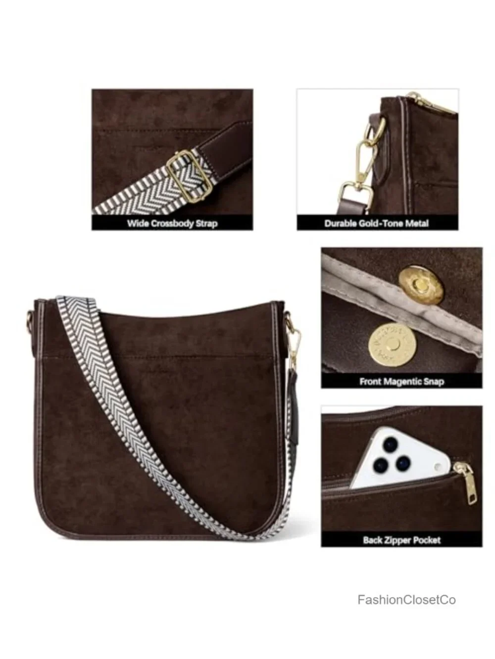 Crossbody Hobo Bag Vegan Leather Wide Strap Handbag Purse